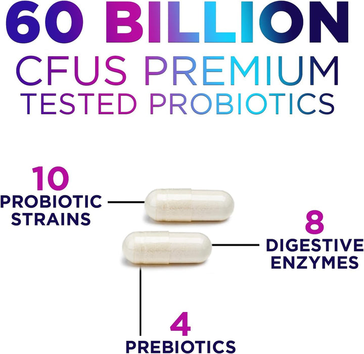 Daily Probiotics and Prebiotics 60 Billion CFU - 10 Diverse Strains for Digestion, Vaginal & Immune Health Support - Digestive Support for Men and Women, Dairy, Soy and Gluten Free - 120 Count