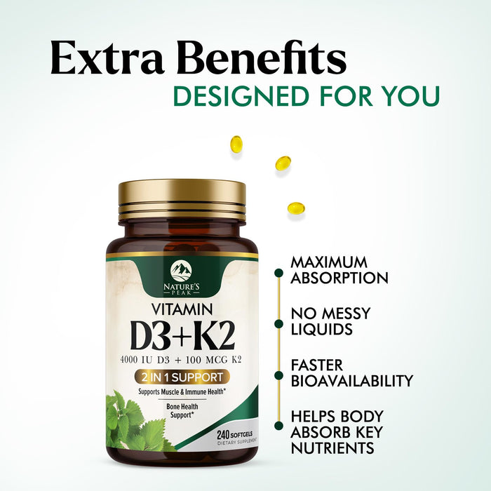 Vitamin D3 + K2 (MK-7) – 5000 IU D3 + 100mcg K2 – 240 D3K2 Complex Softgels