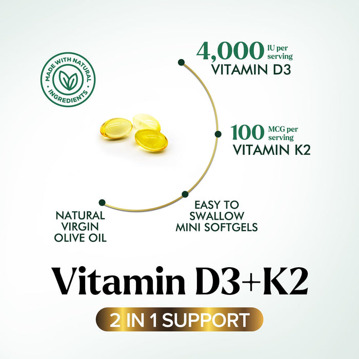 Vitamin D3 + K2 (MK-7) – 5000 IU D3 + 100mcg K2 – 120 D3K2 Complex Softgels