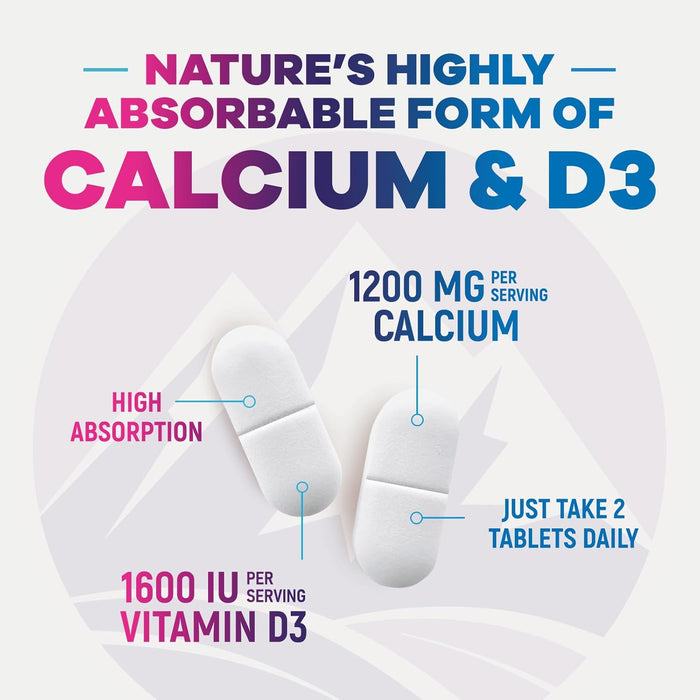 Calcium 1200 mg Plus Vitamin D3, Bone Health & Immune Support - Nature's Calcium Supplement with High Potency Vitamin D for Extra Strength Carbonate Absorption Dietary Supplement - 240 Count