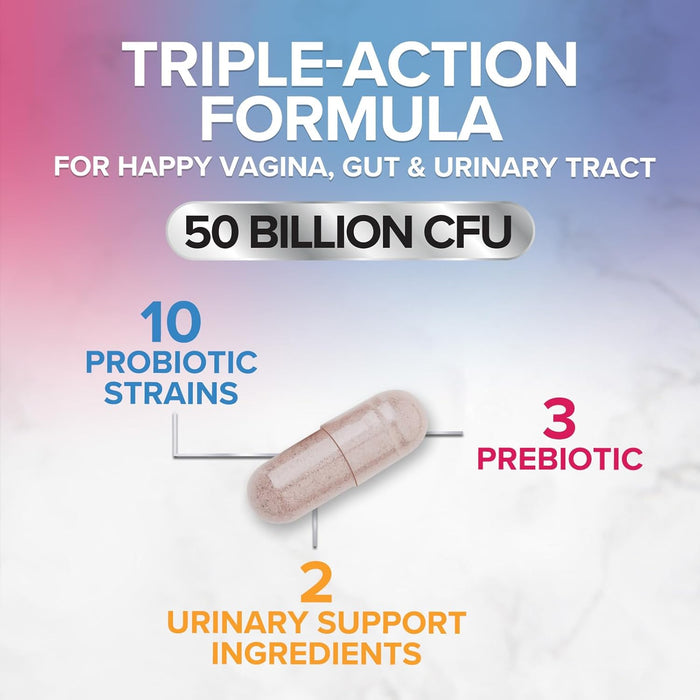 Vaginal Probiotics for Women pH Balance with Prebiotics, 50 Billion CFU, 10 Probiotic Strains, Cranberry, D-Mannose & XOS - Healthy Vaginal Odor & Flora, UT & Feminine Digestive Health - 120 Count