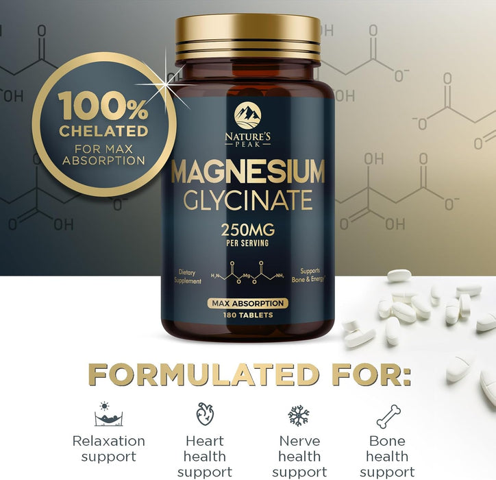 Magnesium Glycinate 250mg - 100% Chelated for Max Absorption, Magnesium Capsules for Bone, Muscle & Heart Health Support, Nature's Magnesium Supplement, Vegan, Gluten Free, Non-GMO - 180 Count