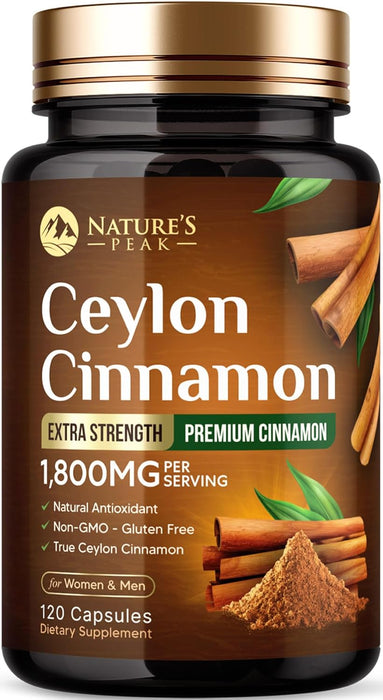 Organic Ceylon Cinnamon Capsules 1800mg - 3X Strength, Certified Organic Ceylon Cinnamon Powder Supplement - Metabolism Support, Antioxidant Pills, Gluten Free, Non-GMO, Bottled in USA - 120 Capsules