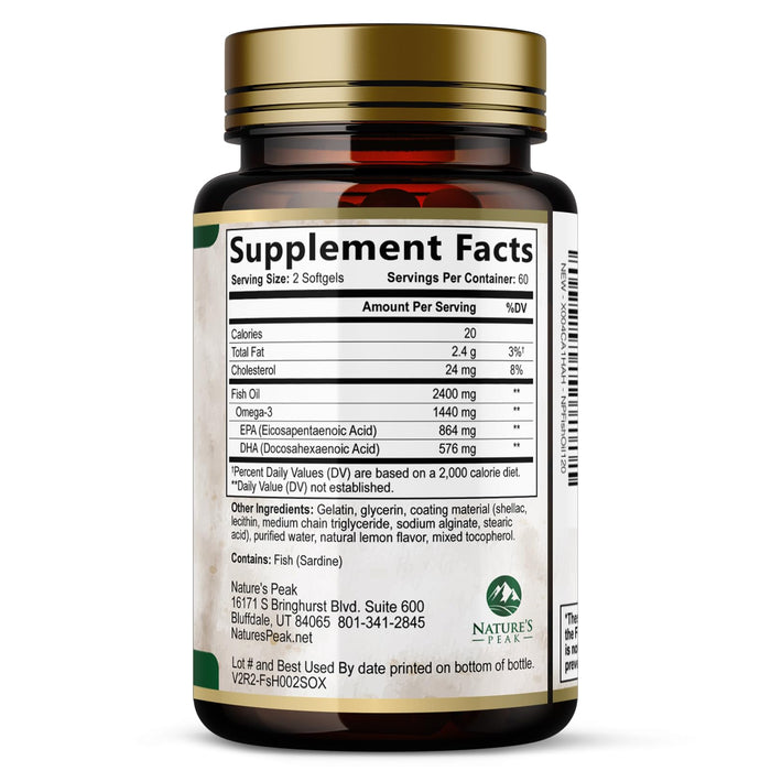 Nature's Peak Fish Oil 2400 mg - Triple Strength Fish Oil Supplement, Omega 3 Fish Oil w/EPA & DHA Fatty Acids for Healthy Heart Support, Burpless Omega 3 Supplements - 120 Count