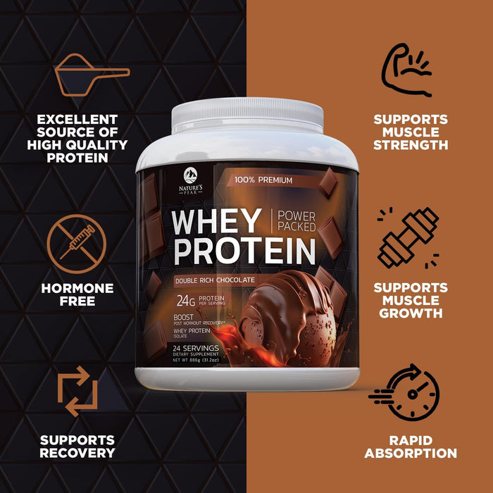 Nature's Premium 100% Whey Protein Powder, 24g of Protein, Double Rich Chocolate, Advanced Whey Isolate Protein Powder, Immune Health Support, Gluten Free, Fast Absorbing, Easy Digesting, 24 Servings