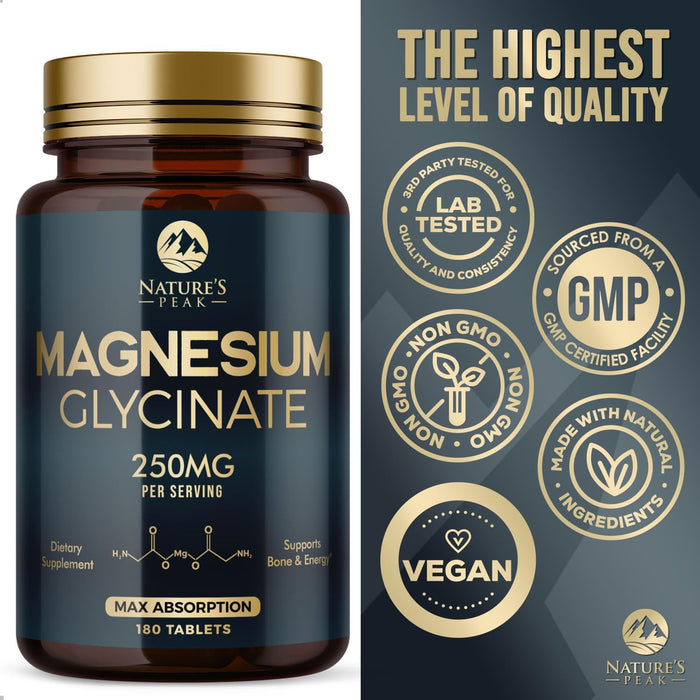 Magnesium Glycinate 250mg - 100% Chelated for Max Absorption, Magnesium Capsules for Bone, Muscle & Heart Health Support, Nature's Magnesium Supplement, Vegan, Gluten Free, Non-GMO - 180 Count