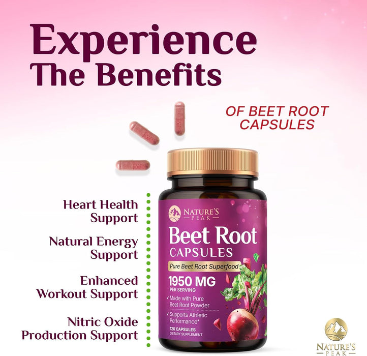 Beet Root Capsules 1950mg - Organic Beetroot Powder in Vegan Capsules - Premium Beet Root Powder Supplement Supports Nitric Oxide Production, Heart Health & Natural Energy - Bottled in USA - 120 Count