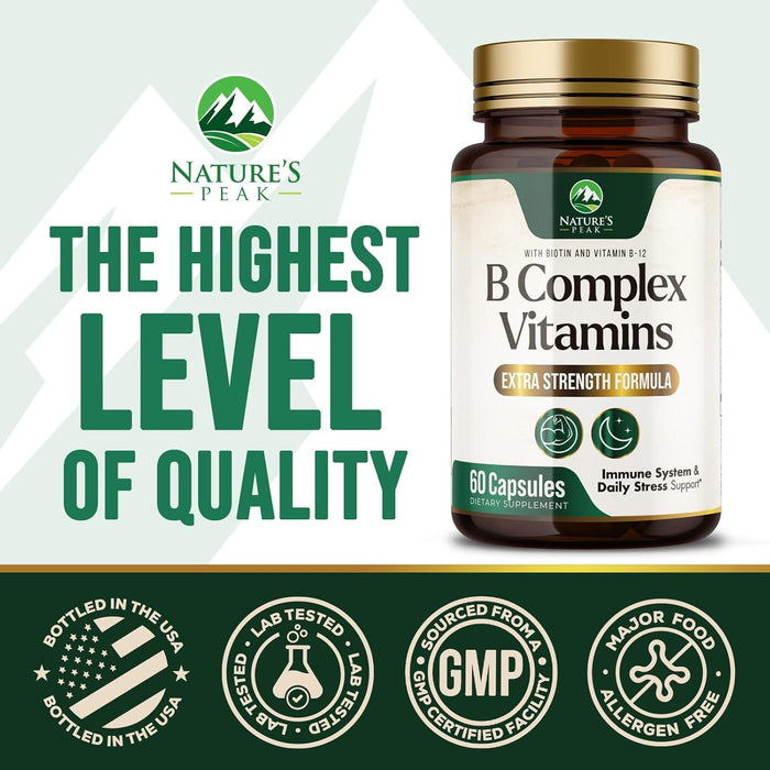 B Complex Vitamin Supplement 1000mcg - 3X Strength with Vitamin C & Folic Acid - Super B Complex Vitamins for Energy, Supports Hair Growth, Immune Support for Women & Men, USA Bottled - 60 Capsules