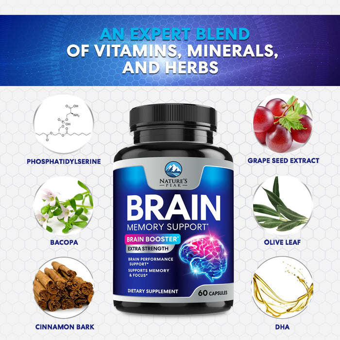 Brain Supplement for Memory and Focus, Nootropic Support for Concentration, Clarity, Energy, Brain Health with Bacopa, Cognitive Vitamins, Phosphatidylserine, DMAE, Nootropics & More - 60 Count