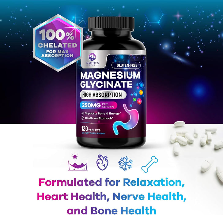 Magnesium Glycinate 250mg - 100% Chelated for Max Absorption, Magnesium Capsules for Bone, Muscle & Heart Health Support, Nature's Magnesium Supplement, Vegan, Gluten Free, Non-GMO - 120 Count