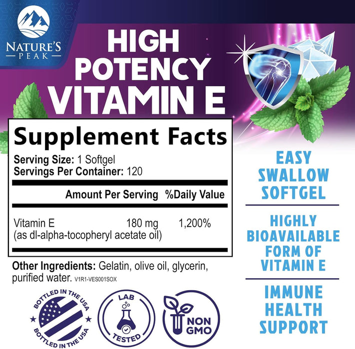 E Vitamin for Women and Men - 180 mg (400 IU) dl-Alpha - Effective Antioxidant Dietary Supplement - Hair, Skin, & Immune Health Support - Easily Absorbed Form, Non-GMO & Gluten Free - 120 Count
