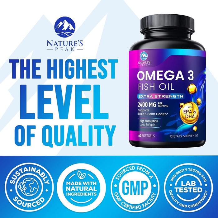 Triple Strength Omega 3 Fish Oil 2400 mg Softgels, Nature's Fish Oil Supplements, Brain & Heart Health Support - EPA & DHA, 1200 MG Fish Oil in Each Softgel, Omega-3 Supplement Softgels - 60 Count