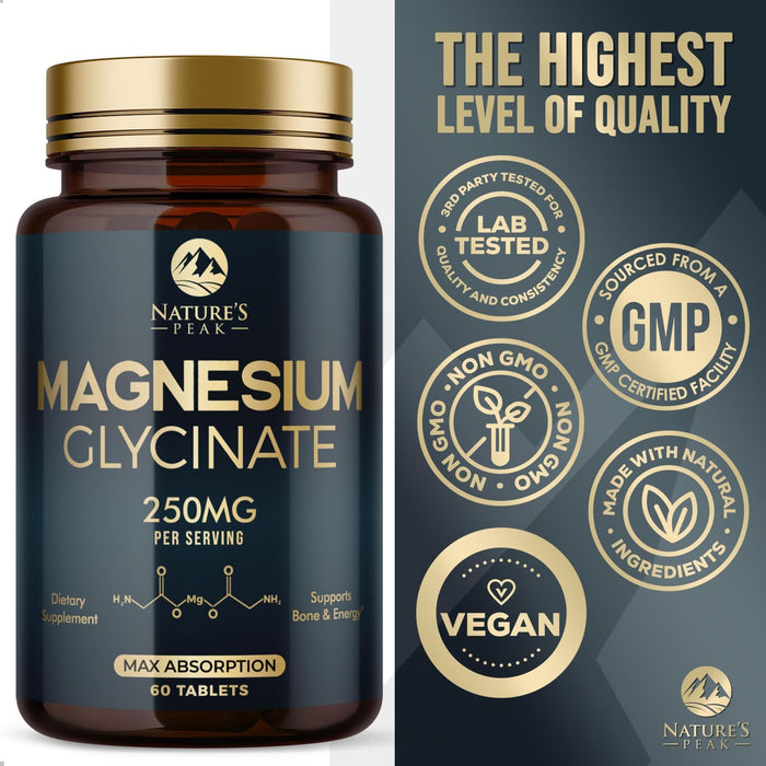 Magnesium Glycinate 250mg - 100% Chelated for Max Absorption, Magnesium Capsules for Bone, Muscle & Heart Health Support, Nature's Magnesium Supplement, Vegan, Gluten Free, Non-GMO