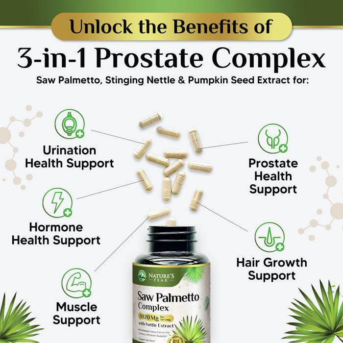Saw Palmetto for Men Prostate Supplement - Potent 3X Formula with Stinging Nettle + Pumpkin Seed Extract for Men's Health, Herbal Prostate Supplement for Urinary Support, Bottled in USA, 120 Capsules