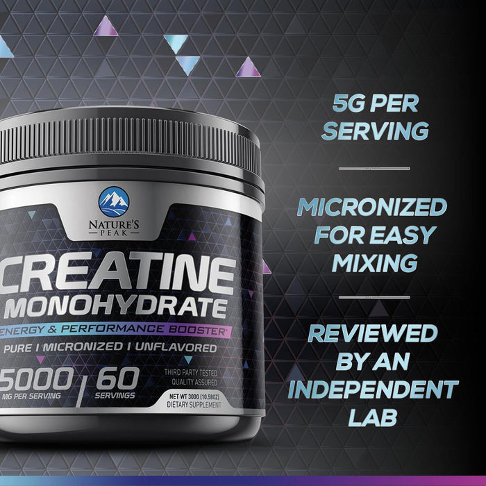 Micronized Creatine Monohydrate Powder 5000mg Per Serv (5g), Keto Friendly Workout Supplement, Supports Muscle Growth, Strength & Recovery - Pure Unflavored Vegan Pre Workout Supplements - 60 Servings