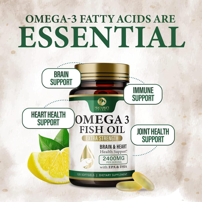 Nature's Peak Fish Oil 2400 mg - Triple Strength Fish Oil Supplement, Omega 3 Fish Oil w/EPA & DHA Fatty Acids for Healthy Heart Support, Burpless Omega 3 Supplements - 120 Count