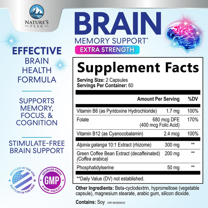 Brain Supplement for Memory and Focus, Nootropic Support for Concentration, Clarity, Energy, Brain Health with Bacopa, Cognitive Vitamins, Phosphatidylserine, DMAE, Nootropics & More - 120 Count