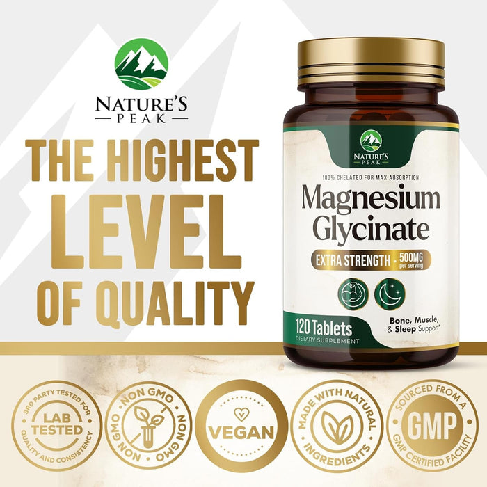 Nature's Magnesium Glycinate 500 mg - High Absorption Magnesium Supplement Pills to Support Heart Health, Muscle, Nerve & Bone Support, Vegan, Non-GMO Dietary Supplement Magnesium Pills