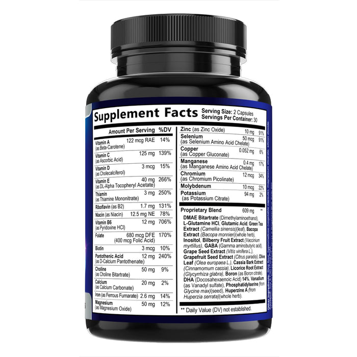 Brain Supplement for Memory and Focus, Nootropic Support for Concentration, Clarity, Energy, Brain Health with Bacopa, Cognitive Vitamins, Phosphatidylserine, DMAE, Nootropics & More - 60 Count