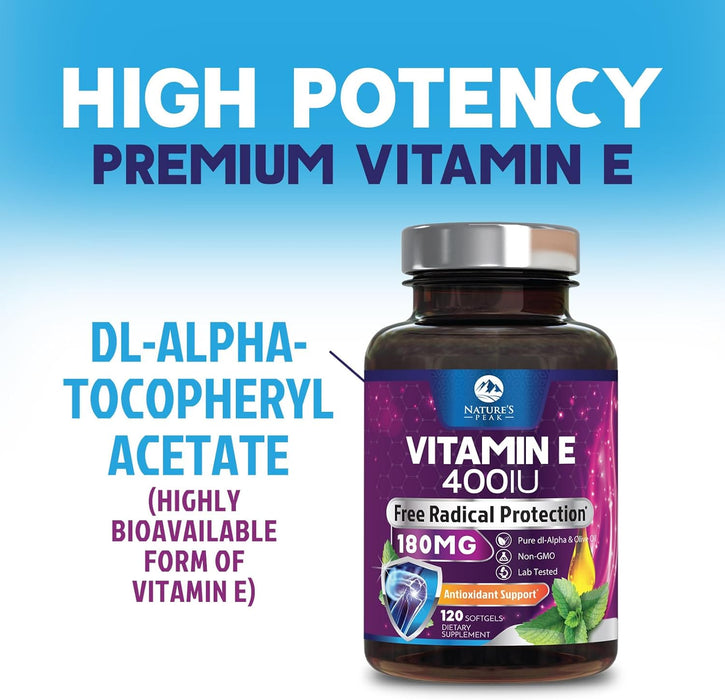 E Vitamin for Women and Men - 180 mg (400 IU) dl-Alpha - Effective Antioxidant Dietary Supplement - Hair, Skin, & Immune Health Support - Easily Absorbed Form, Non-GMO & Gluten Free - 120 Count