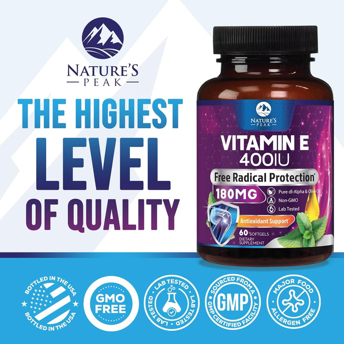 E Vitamin for Women and Men - 180 mg (400 IU) dl-Alpha - Effective Antioxidant Dietary Supplement - Hair, Skin, & Immune Health Support - Easily Absorbed Form, Non-GMO & Gluten Free - 60 Count