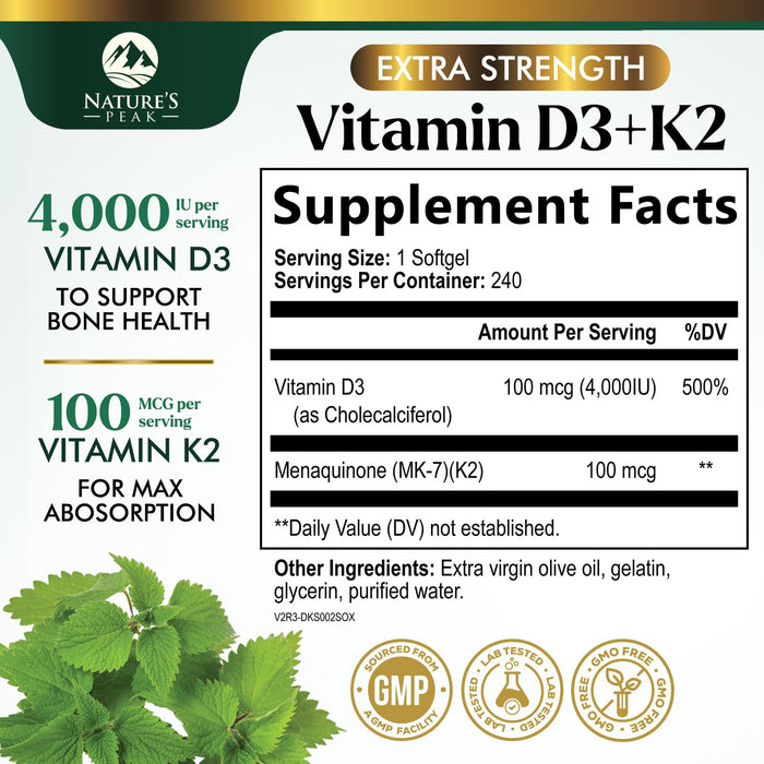 Vitamin D3 + K2 (MK-7) – 5000 IU D3 + 100mcg K2 – 240 D3K2 Complex Softgels