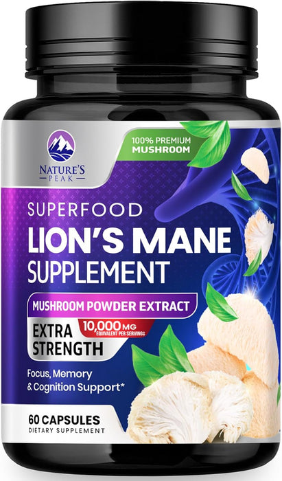 Lions Mane Supplement Mushroom Capsules 10,000mg, Lions Mane Mushroom Supplement Capsules for Memory and Focus Support, Brain, Immune Health Support, Non-GMO Lion’s Mane Powder Extract - 60 Count