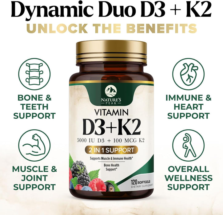 D3 K2 Vitamin 5000 IU | 2-in-1 Vitamin D 5000iu & Mk7 Vitamin K 100 mcg Dietary Supplement for Bone & Immune Support, Bottled in USA, Easy to Swallow, Gluten Free, Non-GMO | 120 D3K2 Complex Softgels