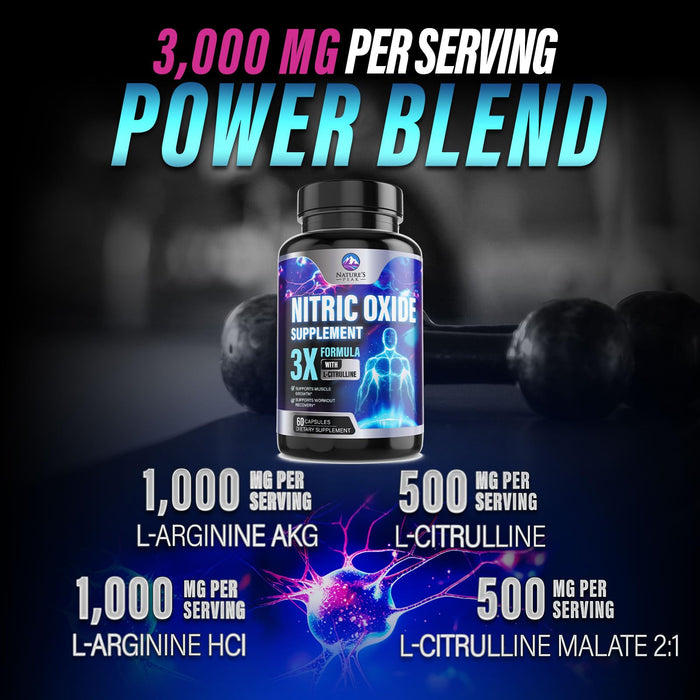 Nitric Oxide Formula with L-Arginine + Citrulline – 3000mg – 60 Count