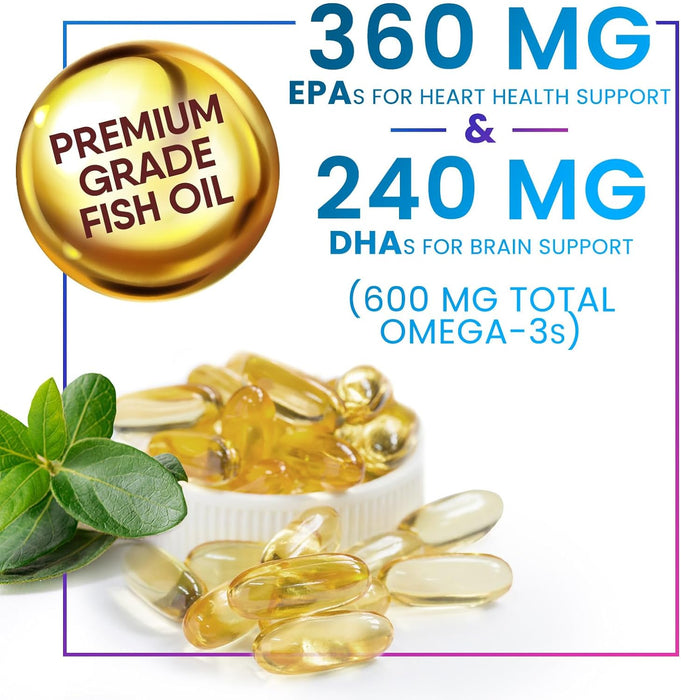 Triple Strength Omega 3 Fish Oil 2400 mg Softgels, Nature's Fish Oil Supplements, Brain & Heart Health Support - EPA & DHA, 1200 MG Fish Oil in Each Softgel, Omega-3 Supplement Softgels