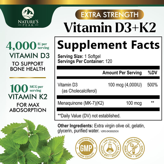 Vitamin D3 + K2 (MK-7) – 5000 IU D3 + 100mcg K2 – 120 D3K2 Complex Softgels