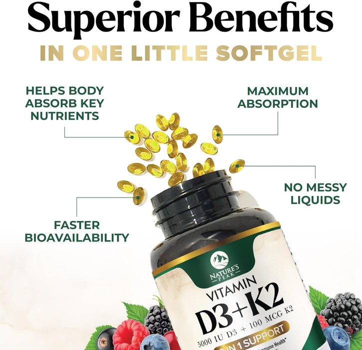 D3 K2 Vitamin 5000 IU | 2-in-1 Vitamin D 5000iu & Mk7 Vitamin K 100 mcg Dietary Supplement for Bone & Immune Support, Bottled in USA, Easy to Swallow, Gluten Free, Non-GMO | 120 D3K2 Complex Softgels