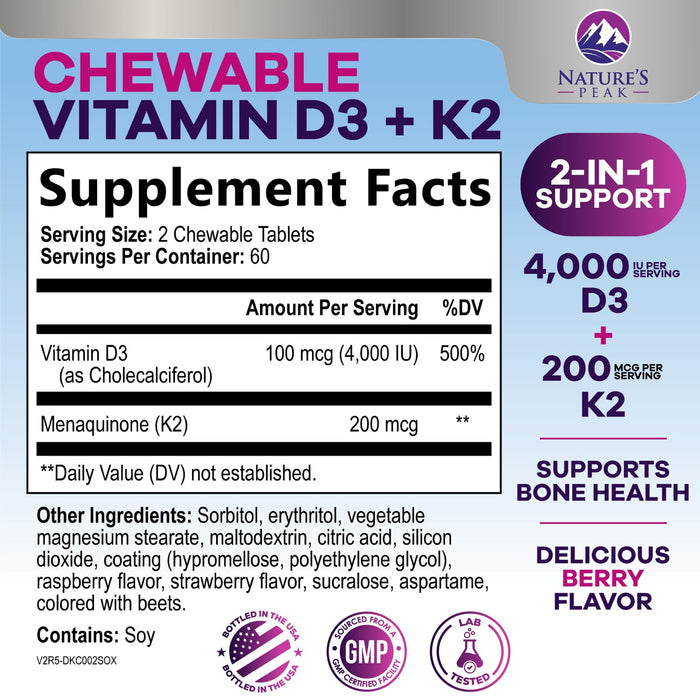 Vitamin D3 + K2 (MK-7) 4000 IU D3 – 120 Chewable Tablets