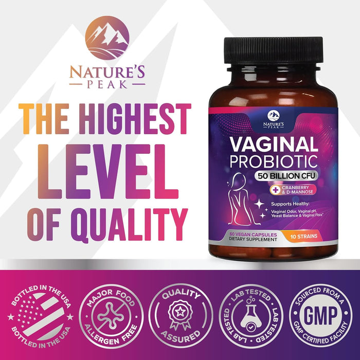 Vaginal Probiotics for Women pH Balance with Prebiotics, 50 Billion CFU, 10 Probiotic Strains, Cranberry, D-Mannose & XOS - Healthy Vaginal Odor & Flora, UT & Feminine Digestive Health - 60 Count