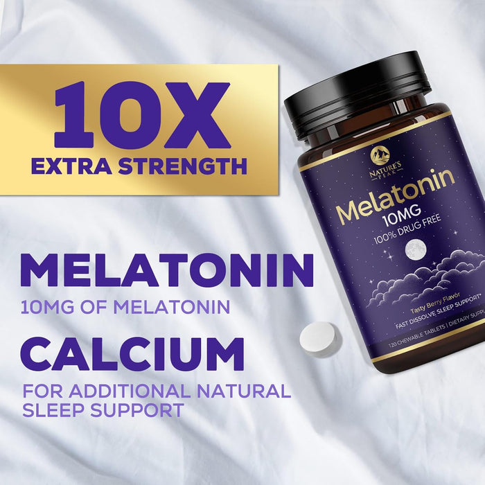 Melatonin 10mg, Strawberry-Flavored Fast Dissolve Tablets for Natural Sleep Support, Maximum Strength Melatonin Dietary Sleep Supplement for Adults, Sugar Free, Vegetarian, Non-GMO - 120 Count