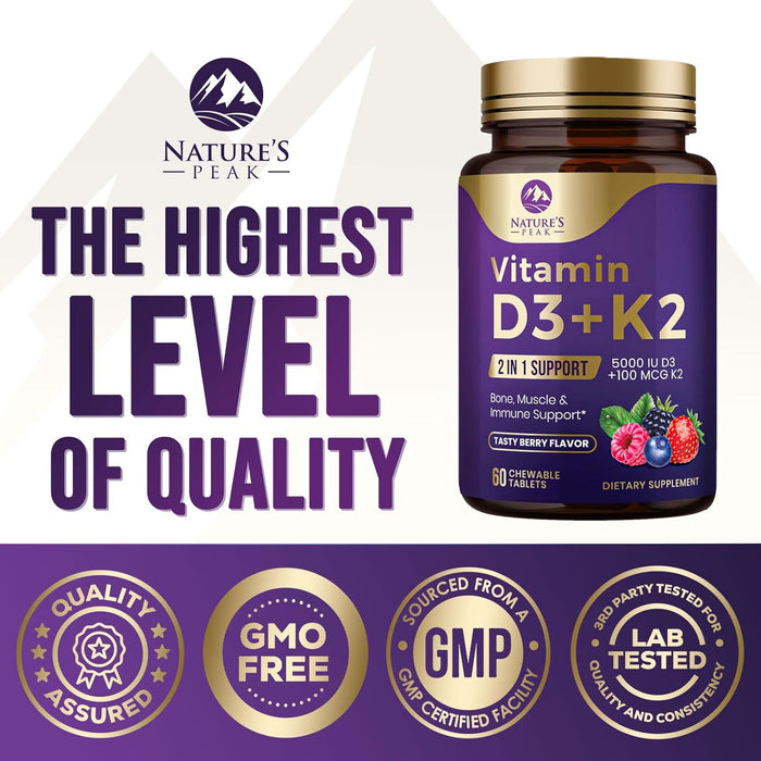 Nature's Peak D3 K2 Vitamin Supplement - 5000iu of D-3 & 100mcg of K2 as MK-7 Supports Calcium Absorption for Joints, Bones & Teeth Plus Immune Support - Non-GMO, Berry Flavor - 60 Count
