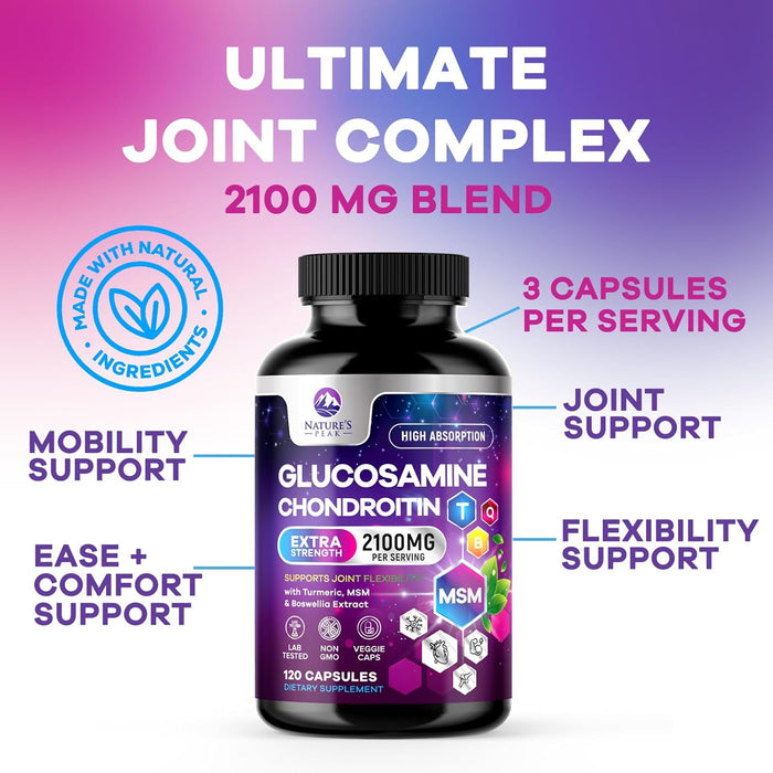 Glucosamine with Chondroitin Turmeric Supplement, Triple Strength Standardized 2100mg with Boswellia & Bromelain - for Joint Support & Comfort - 120 Count