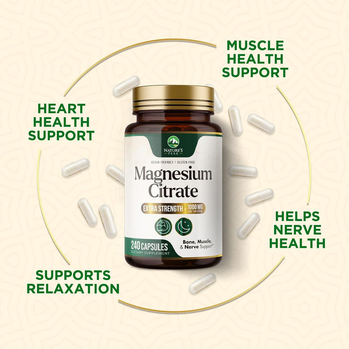 Magnesium Supplement 1000mg - Extra Strength Magnesium Complex for Muscle, Nerve, Bone & Heart Health Support - High Absorption Magnesium Citrate 500mg Capsules