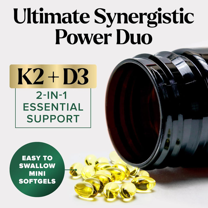 D3 K2 Vitamin 5000 IU | 2-in-1 Vitamin D 5000iu & Mk7 Vitamin K 100 mcg Dietary Supplement for Bone & Immune Support, Bottled in USA, Easy to Swallow, Gluten Free, Non-GMO | 120 D3K2 Complex Softgels