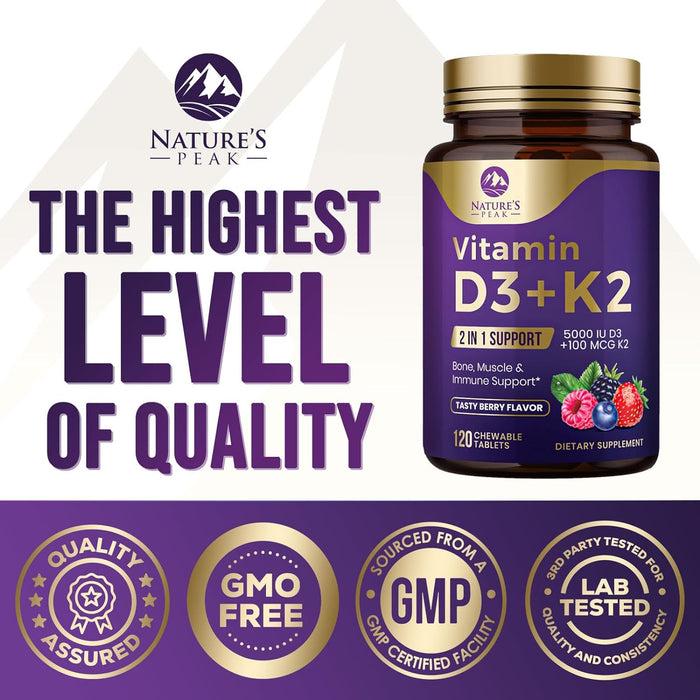 Nature's Peak D3 K2 Vitamin Supplement - 5000iu of D-3 & 100mcg of K2 as MK-7 Supports Calcium Absorption for Joints, Bones & Teeth Plus Immune Support - Non-GMO, Berry Flavor - 120 Count