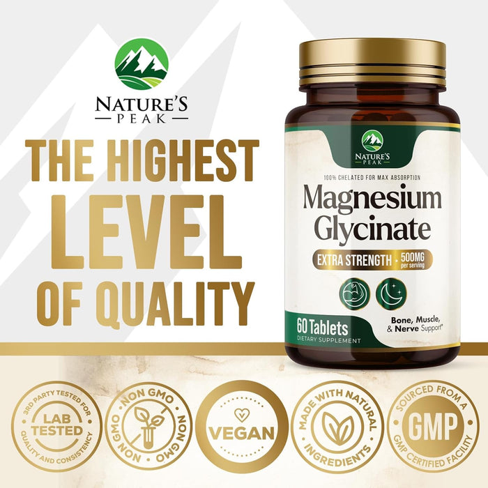 Nature's Magnesium Glycinate 500 mg - High Absorption Magnesium Supplement Pills to Support Heart Health, Muscle, Nerve & Bone Support, Vegan, Non-GMO Dietary Supplement Magnesium Pills - 60 Count