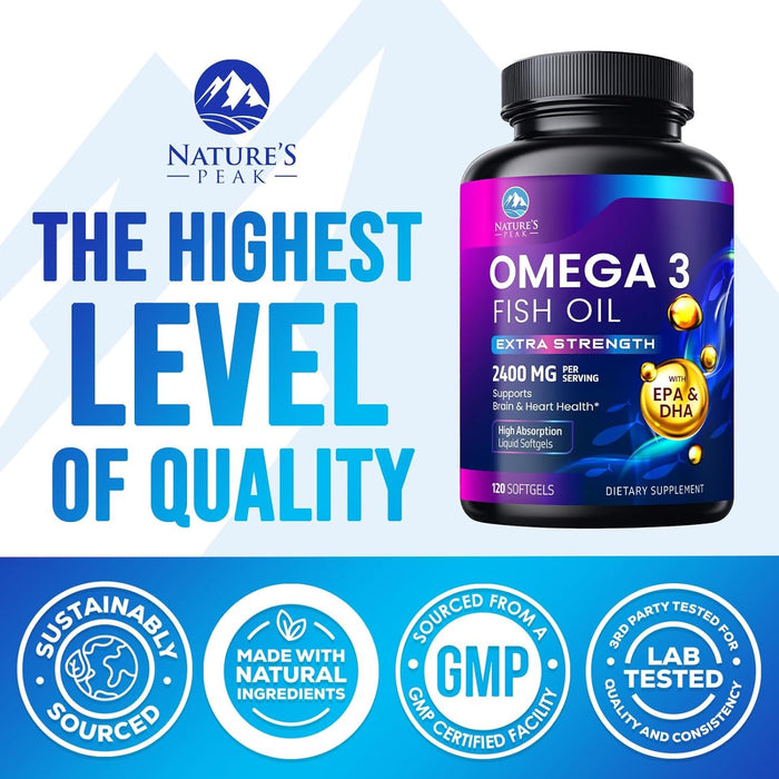 Triple Strength Omega 3 Fish Oil 2400 mg Softgels, Nature's Fish Oil Supplements, Brain & Heart Health Support - EPA & DHA, 1200 MG Fish Oil in Each Softgel, Omega-3 Supplement Softgels