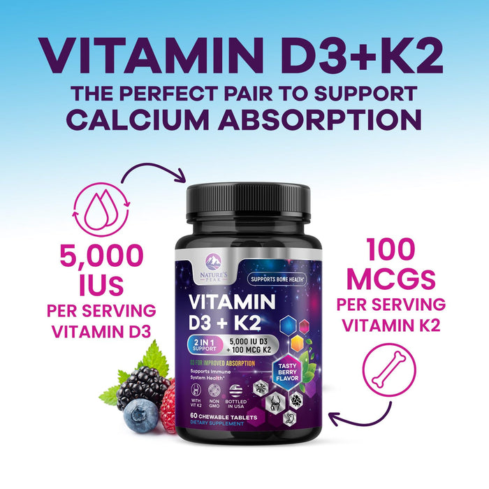 Vitamin D3 + K2 (MK-7) – 5000 IU D3 – 60 Count