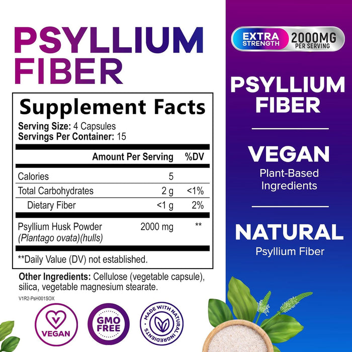 Psyllium Fiber Supplement 1500mg - Non-GMO, Natural Soluble Fiber for Daily Digestive Health & Regularity Support, Prebiotic Psyllium Husk Powder Caps with Plant Based Fiber, Sugar Free - 60 Count