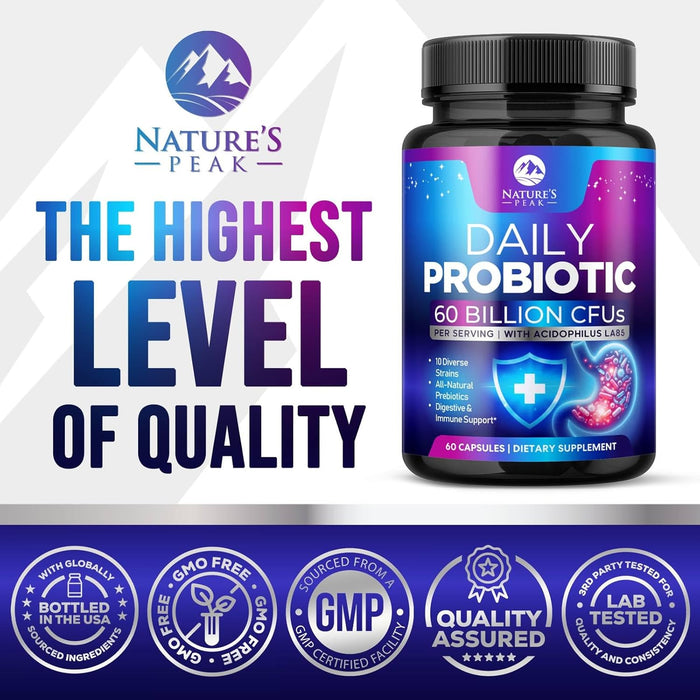 Daily Probiotics and Prebiotics 60 Billion CFU - 10 Diverse Strains for Digestion, Vaginal & Immune Health Support - Digestive Support for Men and Women, Dairy, Soy and Gluten Free