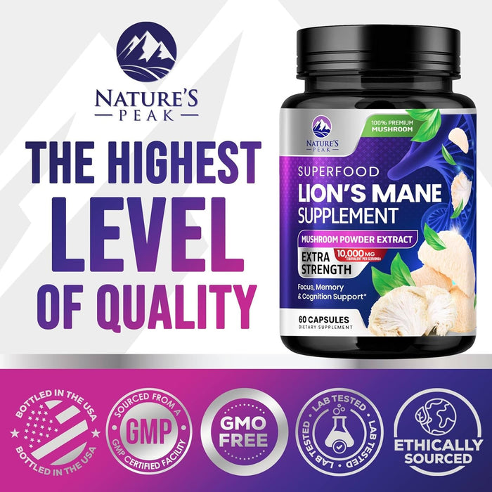 Lions Mane Supplement Mushroom Capsules 10,000mg, Lions Mane Mushroom Supplement Capsules for Memory and Focus Support, Brain, Immune Health Support, Non-GMO Lion’s Mane Powder Extract - 60 Count
