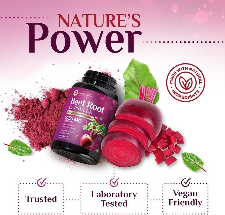 Beet Root Capsules 1950mg - Organic Beetroot Powder in Vegan Capsules - Premium Beet Root Powder Supplement Supports Nitric Oxide Production, Heart Health & Natural Energy - Bottled in USA - 60 Count