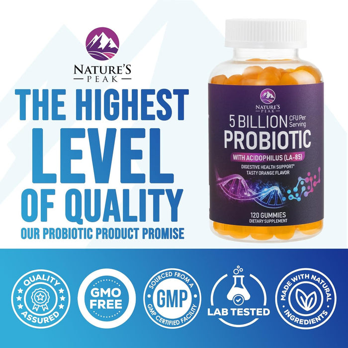 Daily Probiotic Gummies Extra Strength, 5 Billion CFU Probiotics for Women & Men - Digestive Health & Immune Support, Gluten Free - Nature's Non-GMO Supplement, Natural Orange Flavor - 120 Count
