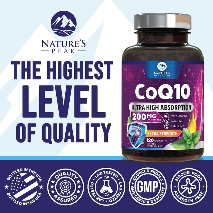 CoQ10 200mg - Ultra High Absorption Co Q 10 Softgel Supplement With Black Pepper, Energy & Heart Health Support Antioxidant - Coenzyme Q10 (Ubiquinone) for Women & Men, Bottled in USA - 120 Softgels