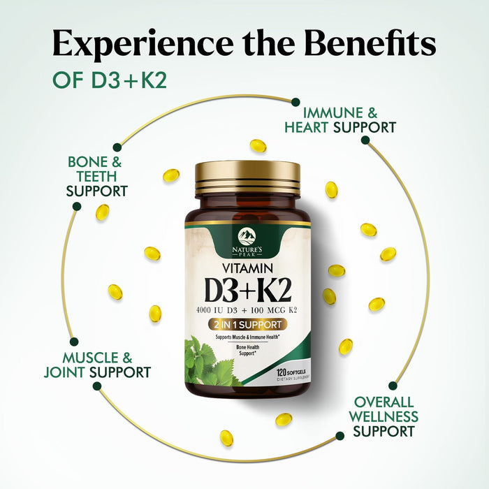 Vitamin D3 + K2 (MK-7) – 5000 IU D3 + 100mcg K2 – 120 D3K2 Complex Softgels
